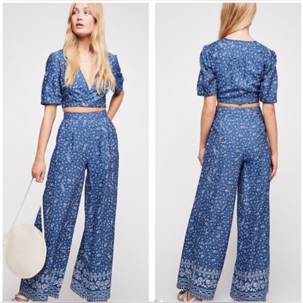 Free People Wild Heart Floral Wide Leg Pant Crop Top Set Sz 10